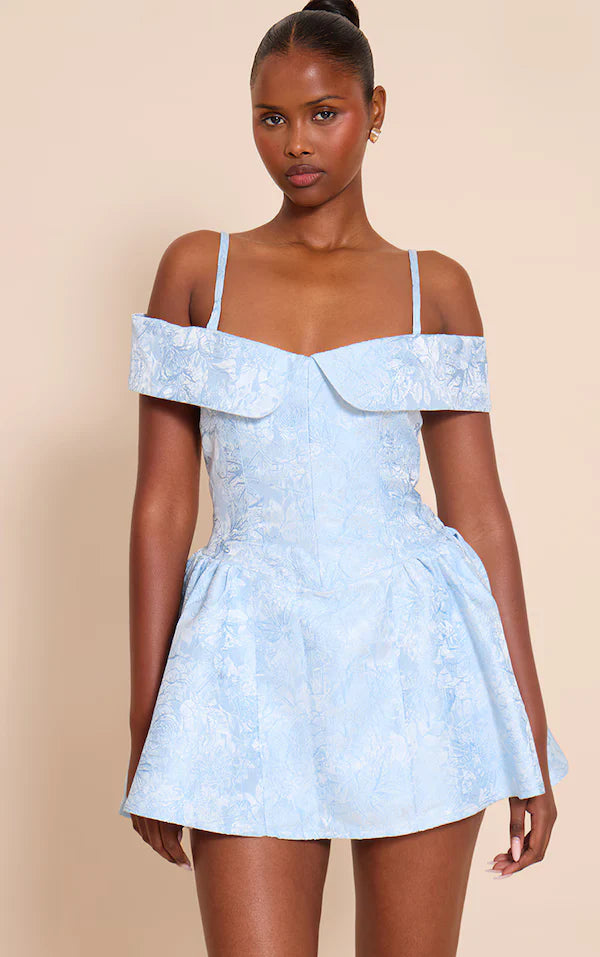 Blush Jacquard Bardot Shift Dress
