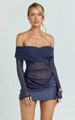 Jade Mini Dress - Long Sleeve Off Shoulder Draped Bias Cut Dress in Ink